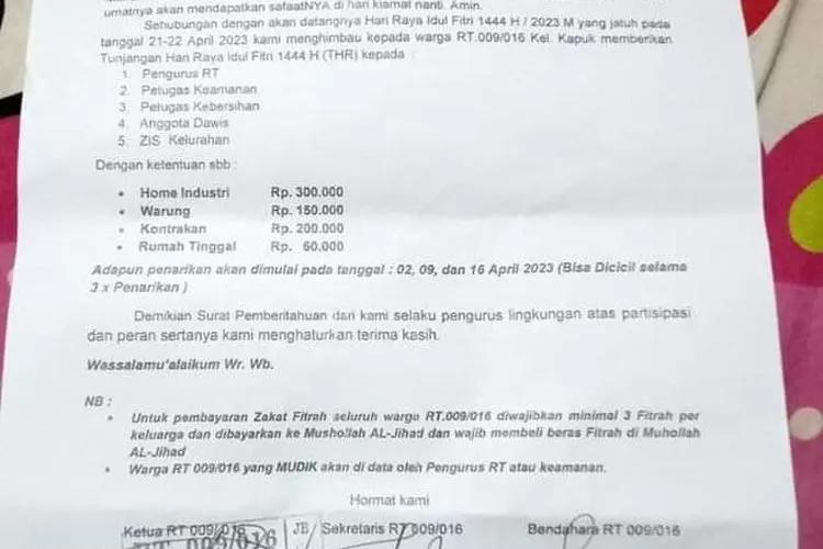 Surat edaran pengurus RT 009 Kapuk minta THR, Kadisnakertrans sebut wajar (Dok Twitter)