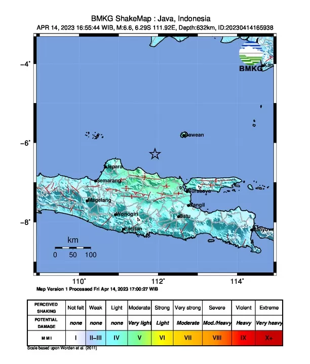 Gempa bumi mengguncang Tuban, Jawa Timur, pada Jumat, 14 April 2023.