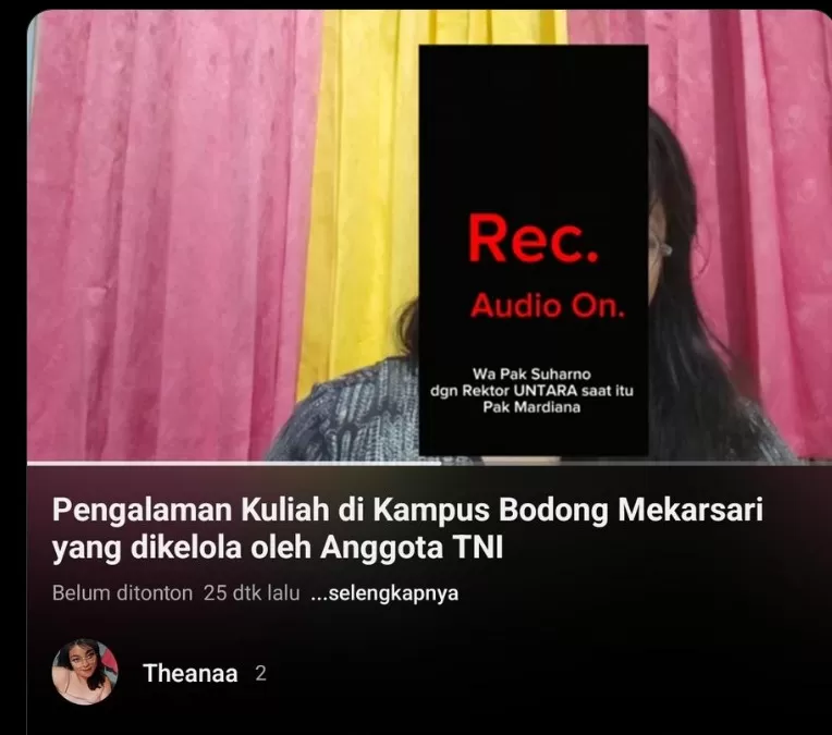 Akun YouTube Theanaa ungkap kampus bodong UNTARA Mekarsari janji bereskan persoalan (tangkapan layar)