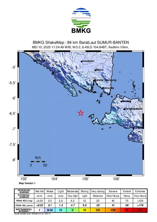 Gempa Bumi dangkal M 5,4 mengguncang Selat Sunda Banten