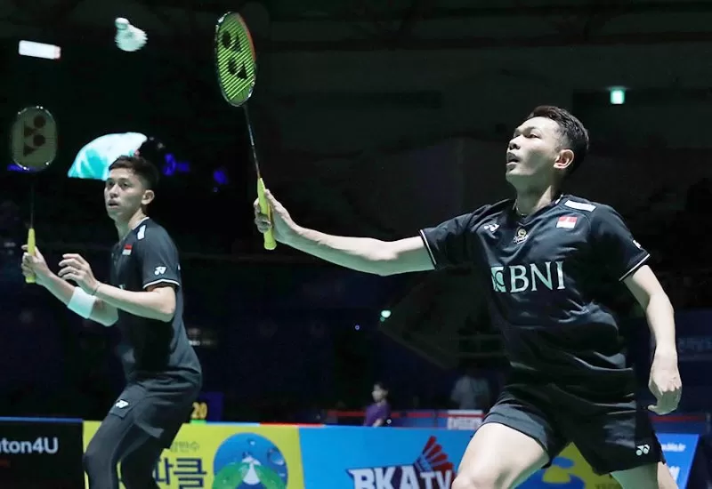 Hasil Korea Open 2023 babak perempat final menyajikan perjuangan pasangan ganda putra Indonesia, Fajar Alfian/Muhammad Rian Ardianto. (Foto: PBSI)