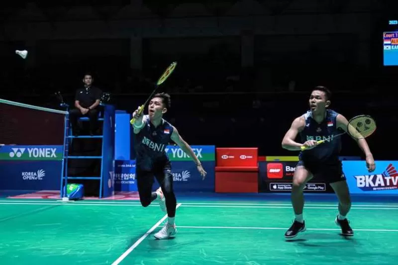 Hasil final Korea Open 2023 menyajikan perjuangan pasangan ganda putra Indonesia, Fajar Alfian/Muhammad Rian Ardianto. (Foto: PBSI)