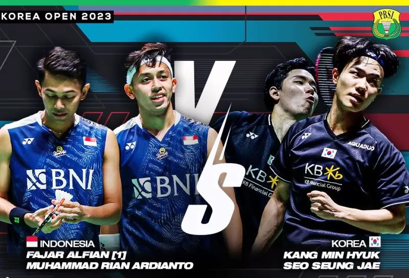 Hasil semifinal Korea Open 2023 yang menyajikan perjuangan pasangan ganda putra Indoneia, Fajar Alfian/Muhammad Rian Ardianto. (Foto: PBSI)