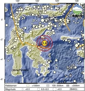 Gempa bumi terkini dengan kekuatan Magnitudo M5,0 mengguncang wilayah Morowali, Sulawesi Tengah.
