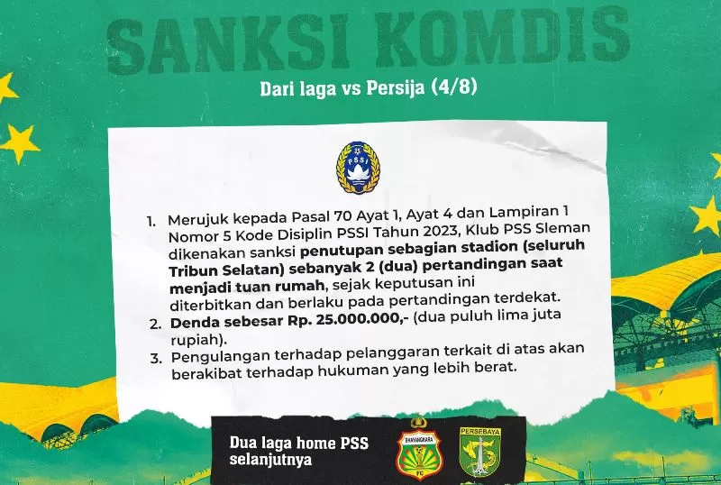Hasil Sidang Komdis PSSI 8-9 Agustus 2023 salah satunya menghukum PSS Sleman. (Foto: PSS Sleman)
