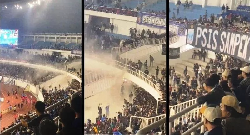 Kericuhan antar suporter sepak bola yang terjadi di Stadion Jatidiri, Semarang, dalam pertandingan antara PSIS Vs Persib di Liga 1 pekan ke-9, Minggu, 20 Agustus 2023. (Foto: tiktok @altaf_np)