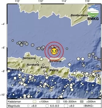 Gempa terkini M5,5 mengguncang Bangkalan, Madura, Jawa Timur, Jumat, 4 Agustus 2023.