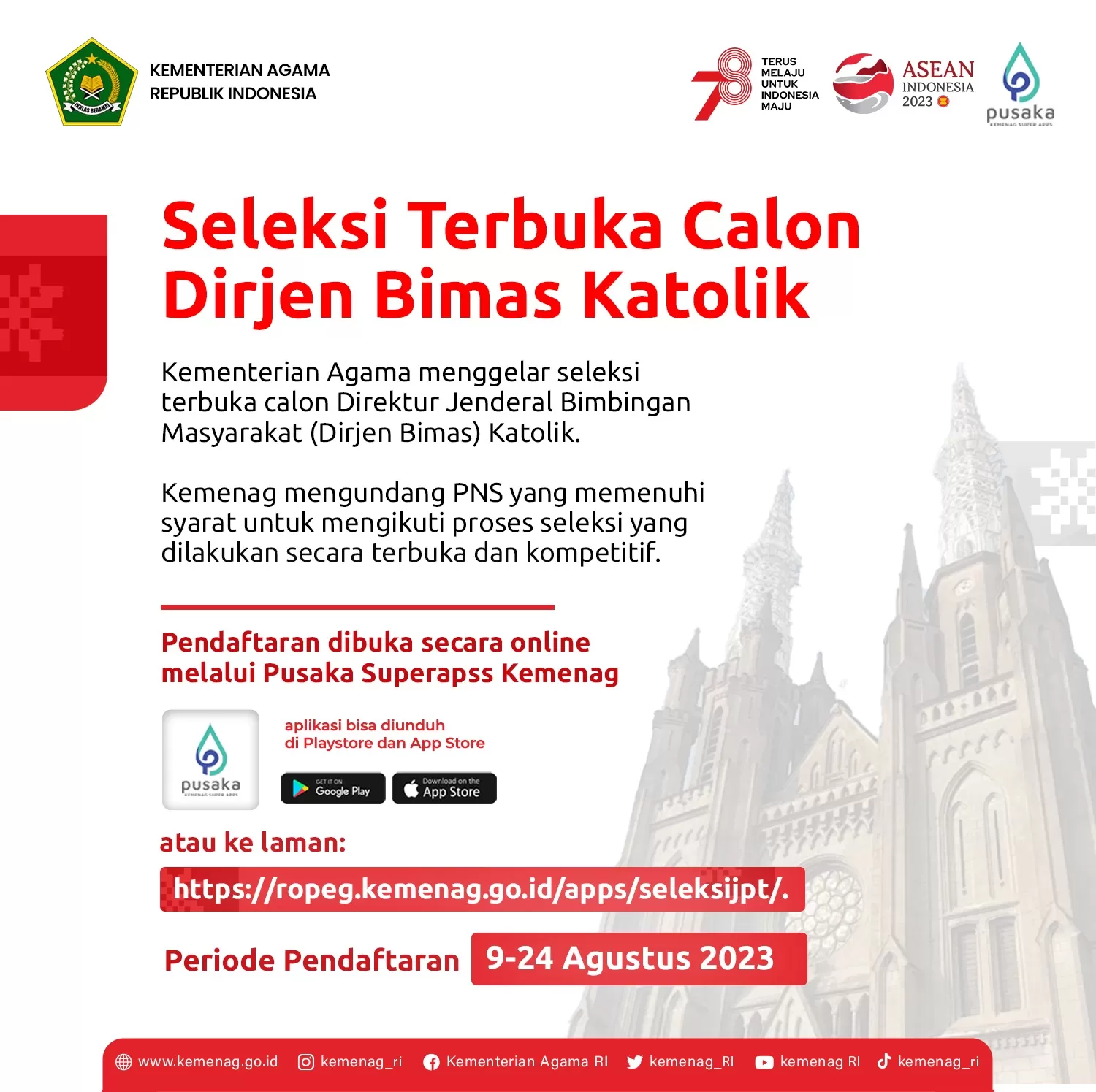 Kementerian Agama (Kemenag) menggelar seleksi terbuka calon Direktur Jenderal Bimbingan Masyarakat (Dirjen Bimas) Katolik. 