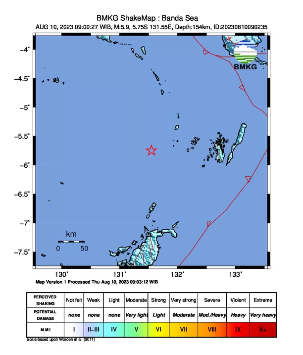Gempa bumi terkini menguncang Laut Banda, Tual, Maluku, pada Kamis, 10 Agustus 2023.