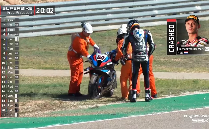 Hasil FP2 WSBK Aragon 2023 menyajikan terjatuhnya Michael van der Mark dari BMW. (Foto: WorldSBK)
