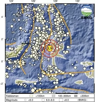 Gempa terkini dengan kekuatan 5,9 SR mengguncang Halmahera, Malut, pada Senin, 11 September 2023.