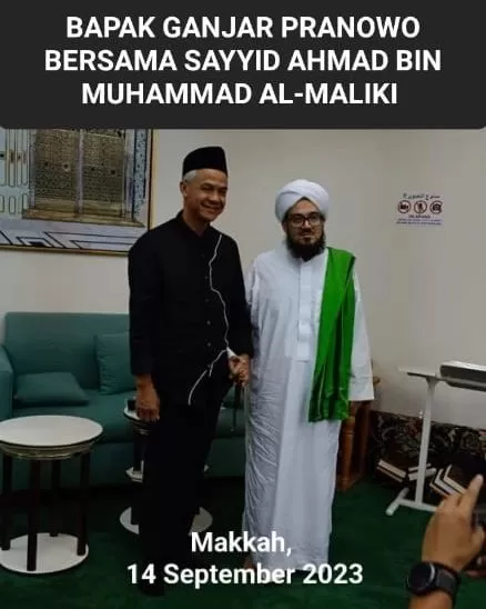 Ganjar Pranowo bersilahturahmi dengan ulama besar Sayyid Ahmad bin Muhammad Ali Maliki di Hay Al Rashifah, di sekitar Kota Mina Arab Saudi. 
