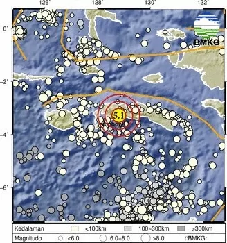 Gempa bumi terkini mengguncang Pulau Seram, Maluku.