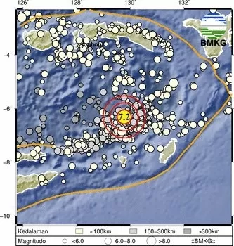 Gempa bumi terkini dengan kekuatan Magnitudo M7,2 mengguncang Tanimbar, Maluku.