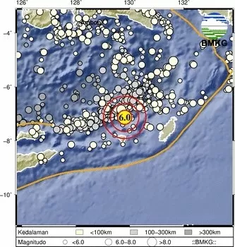Gempa bumi terkini dengan kekuatan M6,0 mengguncang Tanimbar, Maluku.