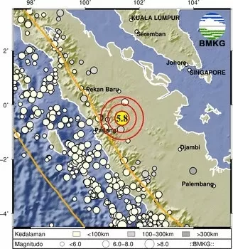 Gempa bumi terkini M5,8 mengguncang Riau, Sumatera.
