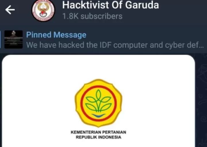 Tampak akun Telegram @HacktivistOfGarudaOfficial yang menyebut kelompok peretas bernama Hacktivist Of Garuda dan VulzSec telah meretas data Kementan. Foto: Tangkapan Layar Telegram @HacktivistOfGarudaOfficial