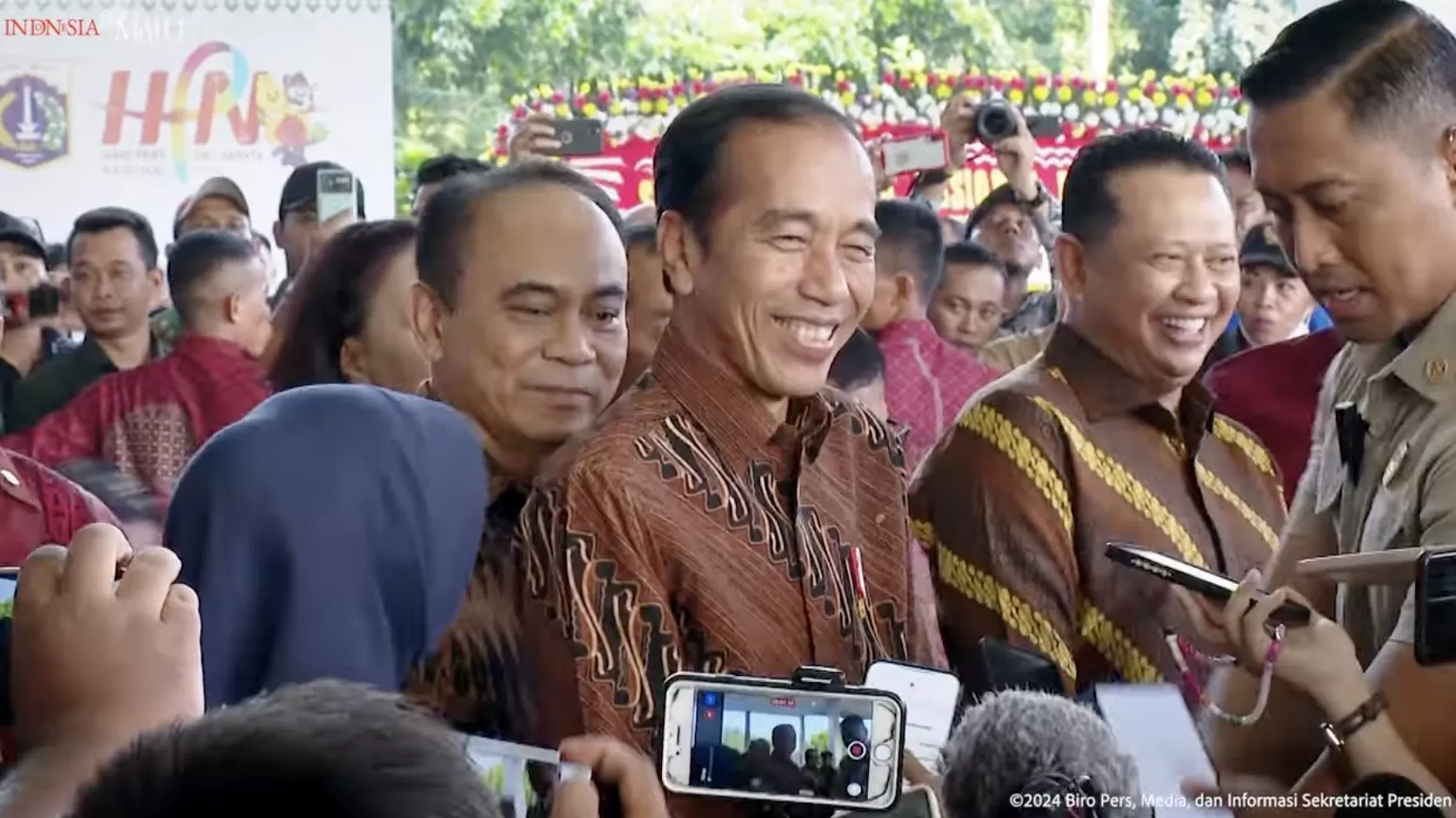 Presiden Jokowi saat menghadiri puncak Hari Pers Nasional 2024 di Econvention, Ancol, Jakarta Utara, Selasa, 20 Februari 2024.