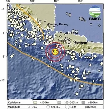 Gempa bumi terkini dengan kekuatan M5,7 mengguncang Bayah, Banten, pada Minggu, 25 Februari 2024.