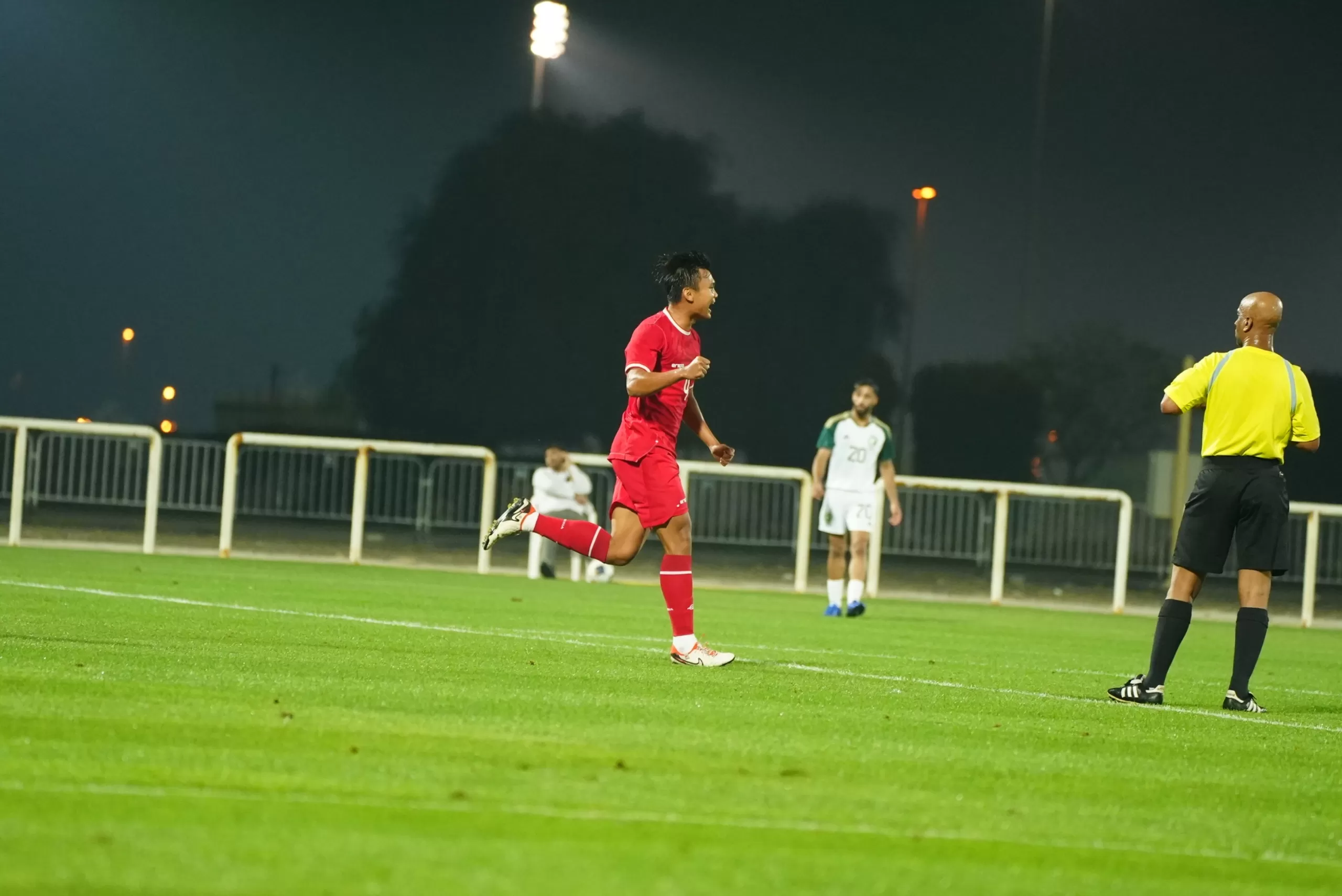 Komang Teguh usai cetak gol dalam laga uji coba Timnas U-23 Indonesia vs Arab Saudi, Jumat 5 April 2024 (Foto: PSSI)