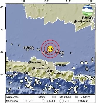 Gempa bumi terkini dengan kekuatan Magnitudo M5,6 mengguncang Tubang, Jawa Timur.