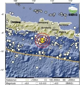  Gempa terkini dengan kekuatan Magnitudo M5,0 mengguncang Pacitan, Jawa Timur, pada Selasa, 7 Mei 2024 (BMKG)