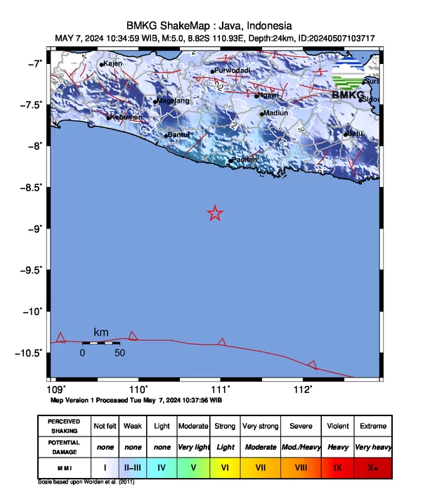 Gempa terkini dengan kekuatan Magnitudo M5,0 mengguncang Pacitan, Jawa Timur, pada Selasa, 7 Mei 2024.