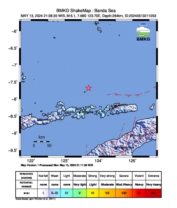 Gempa bumi terkini dengan kekuatan Magnitudo M5,1 mengguncang Laut Banda pada Senin malam, 13 Mei 2024. 