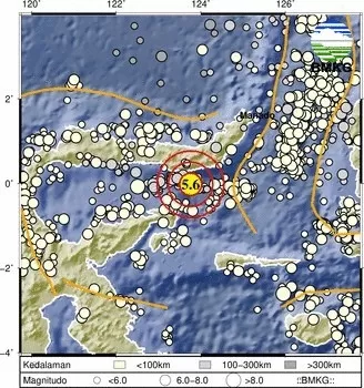 Gempa bumi terkini dengan kekuatan Magnitudo M5,6 mengguncang kawasan Semenanjung Minahasa, Sulawesi, pada Rabu, 22 Mei 2024. 