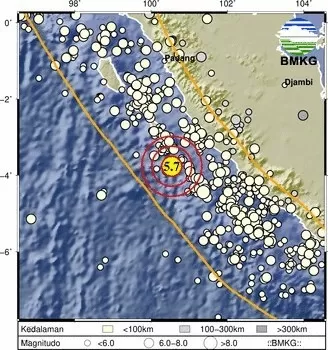 Gempa bumi terkini dengan kekuatan Magnitudo M5,7 mengguncang wilayah Mukomuko, Bengkulu, pada Rabu, 5 Juni 2024.