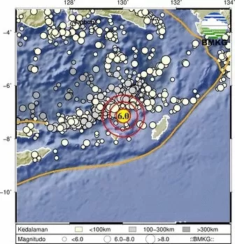 Gempa bumi terkini dengan kekuatan M6,0 mengguncang Kepulauan Tanimbar, Maluku.