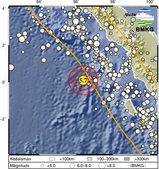 Gempa bumi terkini Magnitudo M5,7  mengguncang wilayah Nias Barat, Sumatera Utara, pada Sabtu malam, 20 Juli 2024.