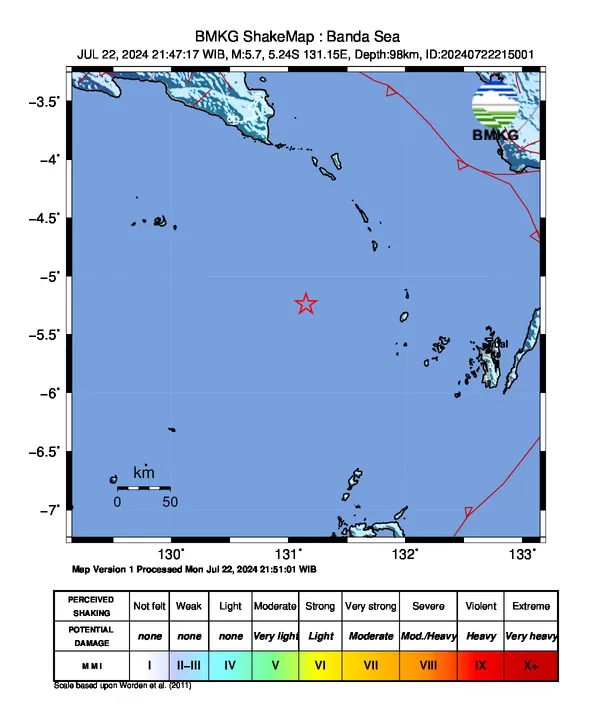 Gempa terkini dengan kekuatan Magnitudo M5,7 mengguncang wilayah Maluku pada Senin malam, 22 Juli 2024.