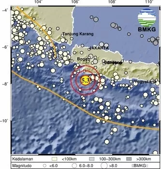 Gempa bumi dangkal M5,3 mengguncang kawasan Sukabumi, Jawa Barat.