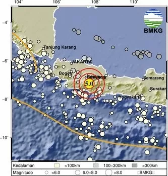 Gempa terkini dengan kekuatan M5,0 mengguncang wilayah Bandung, Jawa Barat.