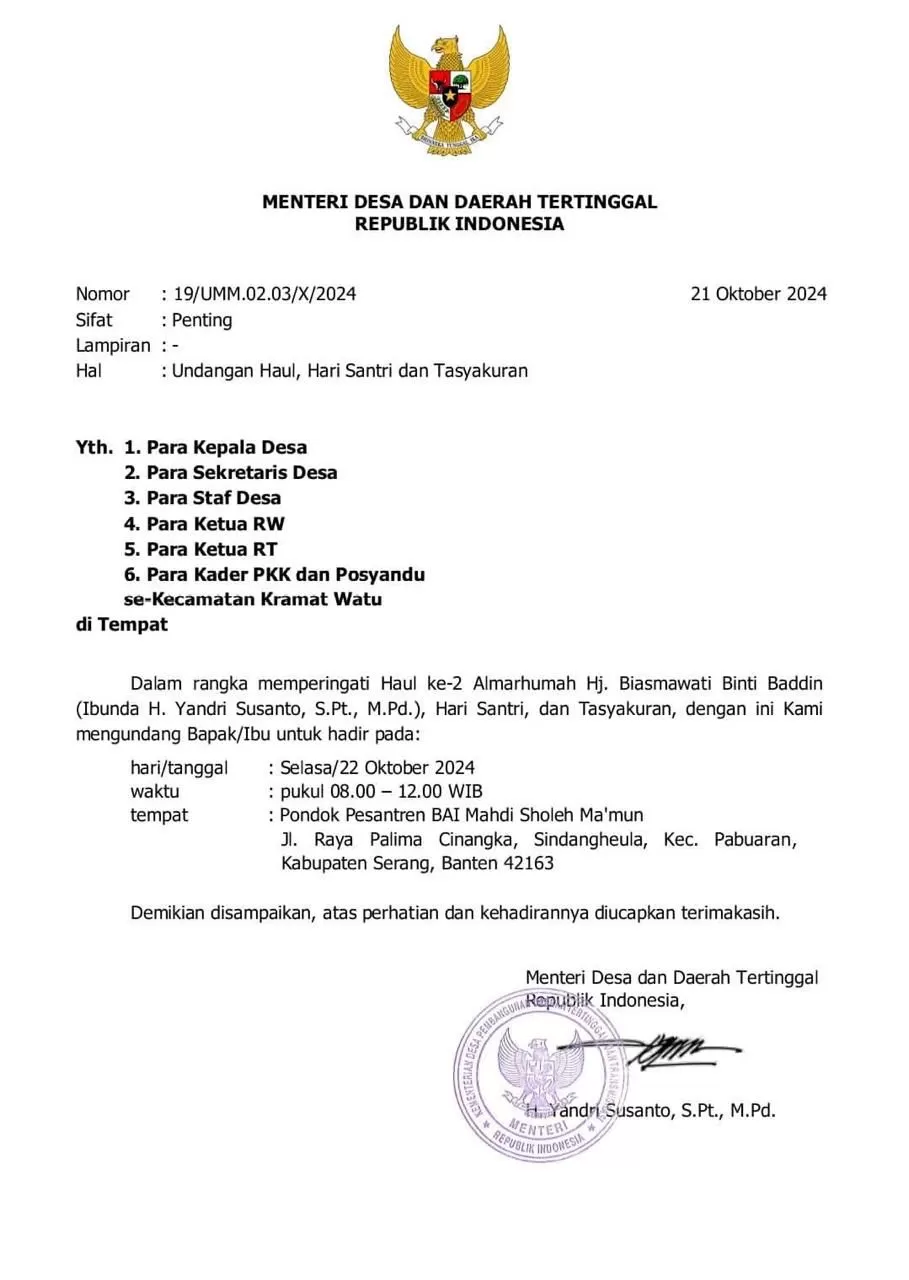 Undangan Menteri Desa dan Daerah Tertinggal Yandri Susanto yang beredar di media sosial. Sumber foto: Whatsapp.