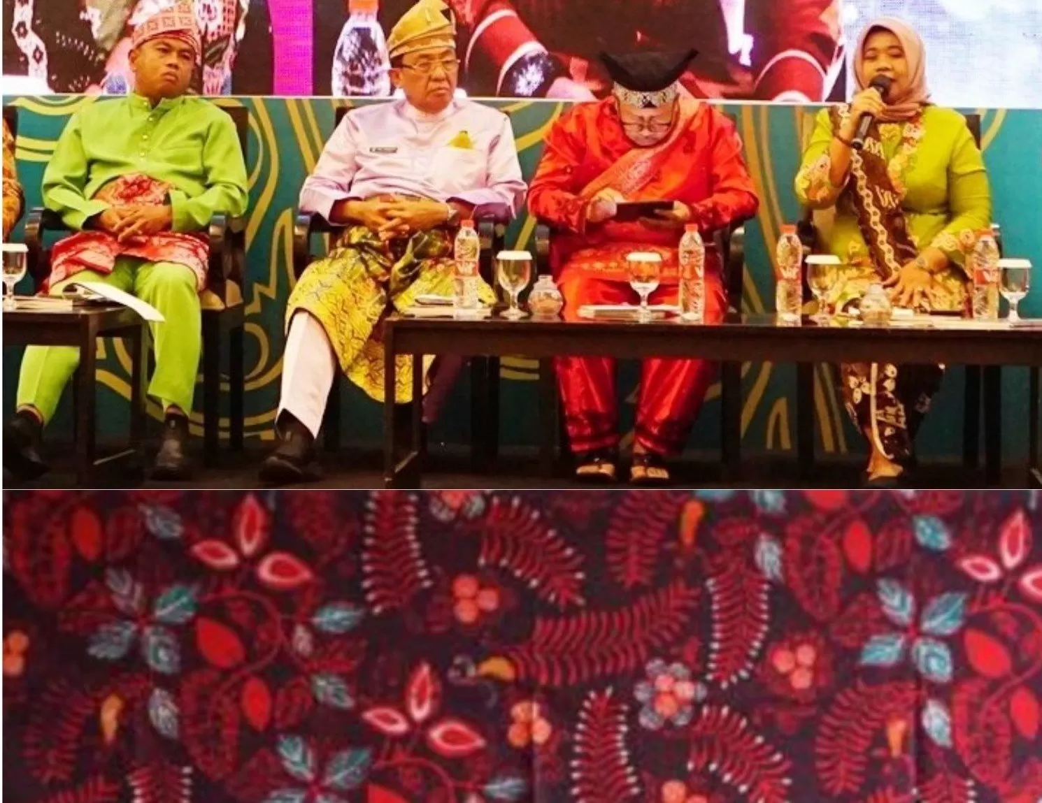 Kustini Sri Purnomo  dalam dialog di HPN Medan (atas), Batik Sinom Parijotho Salak (bawah), (Foto: Istimewa)