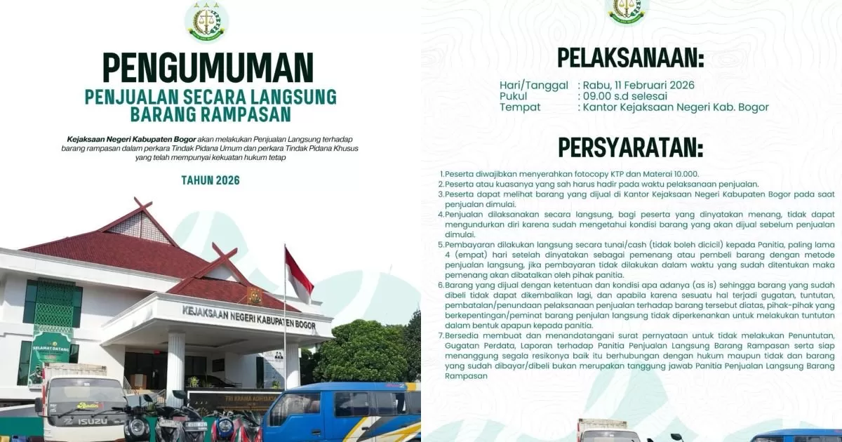 Kejari Kabupaten Bogor Umumkan Penjualan Langsung Barang Rampasan 2026, Ini Jadwal dan Syaratnya