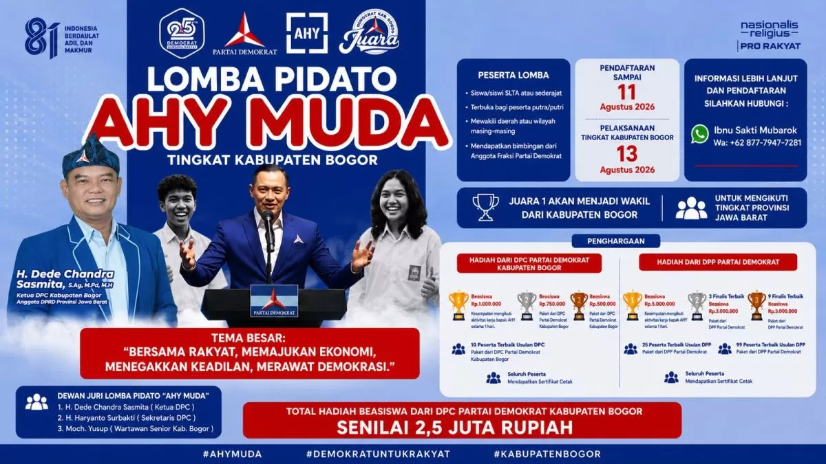 Lomba Pidato “AHY Muda” Digelar Demokrat Kabupaten Bogor, Hadiah Beasiswa Rp2,5 Juta