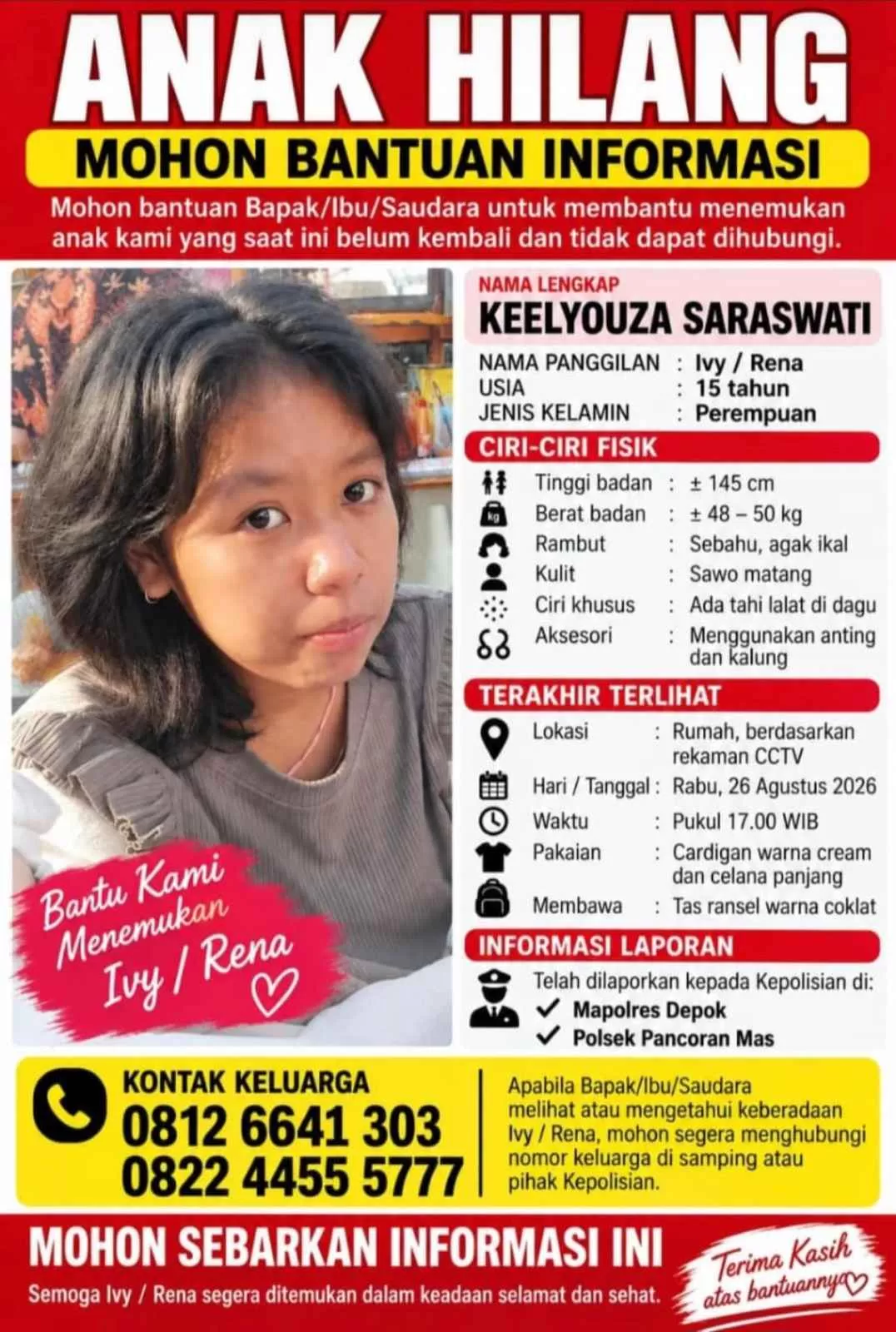 Remaja 15 Tahun Hilang di Pancoran Mas Depok, Polisi dan Keluarga Lakukan Pencarian