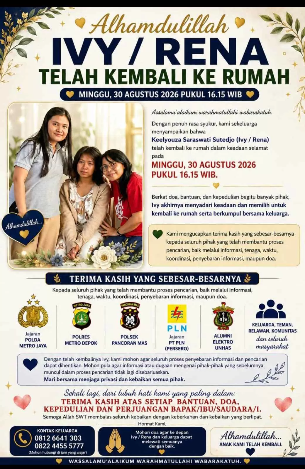 Keelyouza Saraswati Sutedjo Ditemukan Selamat, Keluarga Minta Penyebaran Informasi Dihentikan