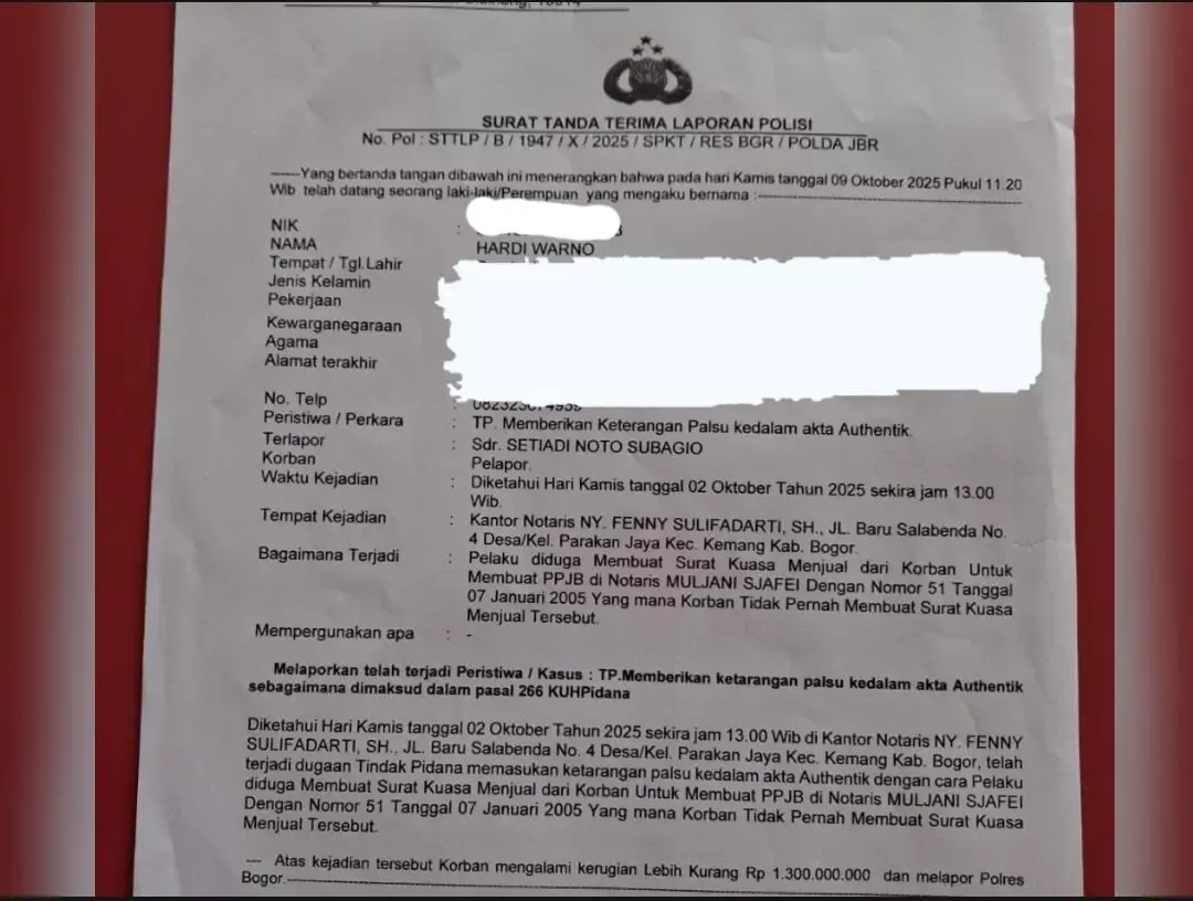 Warga Citeureup Laporkan Dugaan Pemalsuan Surat Kuasa ke Polres Bogor, Kerugian Capai Rp1,3 Miliar