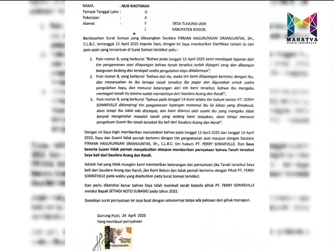 Terkuak! Nur Khotimah Bantah Klaim Kepemilikan Tanah, Sebut Telah Beli dari PT Ferry Sonneville Sejak 2022