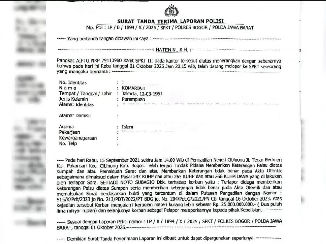 Komariah Laporkan Dugaan Keterangan Palsu ke Polres Bogor, Kerugian Capai Rp25 Miliar