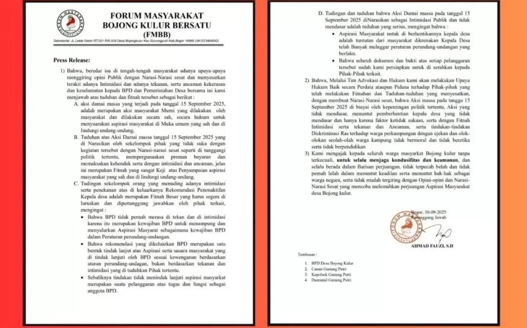 FMBB Bantah Isu Intimidasi, Aksi Damai Warga Bojong Kulur Dinilai Sah dan Konstitusional