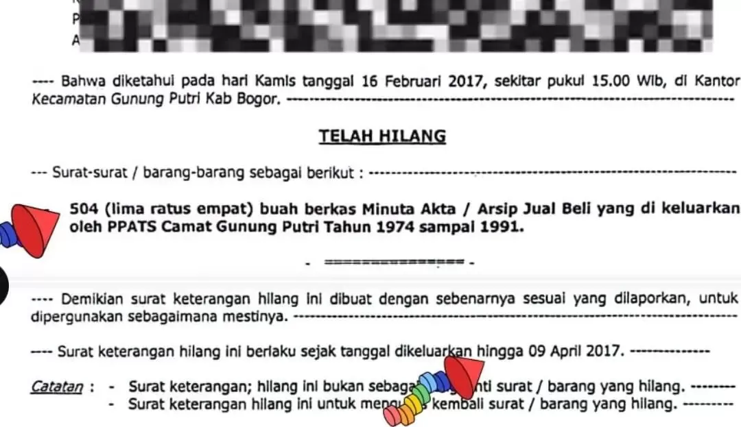Skandal Arsip Hilang: 502 Berkas Minuta Akta Jual Beli PPATS Gunung Putri Diduga Hilang, Surat Kehilangan Dibuat Atas Perintah Camat