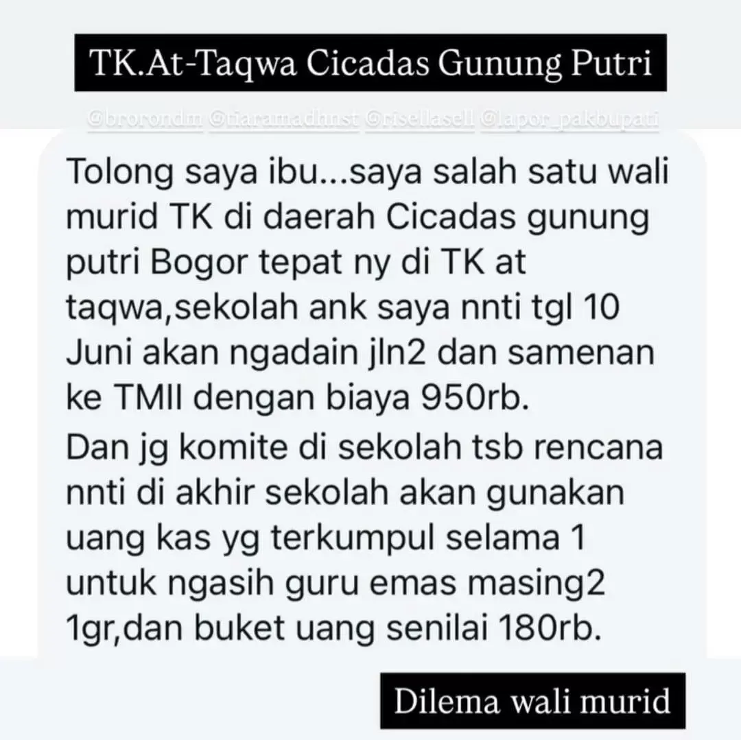 Wali Murid TK At-Taqwa Cicadas Keluhkan Biaya Kegiatan Sekolah, Tag Bupati Bogor di Media Sosial
