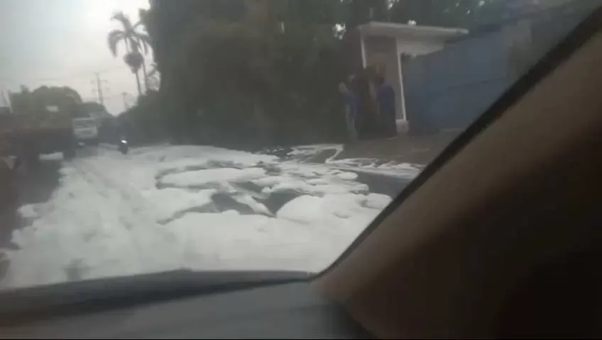 Jalan Raya Tlajung Udik Berbusa, Diduga Akibat Pembuangan Limbah PT Anugerah Putra Jaya