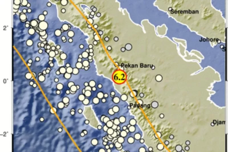 Peta kejadian gempa bumi magnitudo 6,2 yang mengguncang Pasaman Barat Sumbar pada Jumat (25/2/2022)