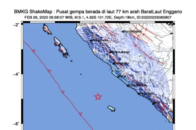 Peta guncangan gempa bumi di wilayah Enggano, Bengkulu, pada Senin (26/2/2022)